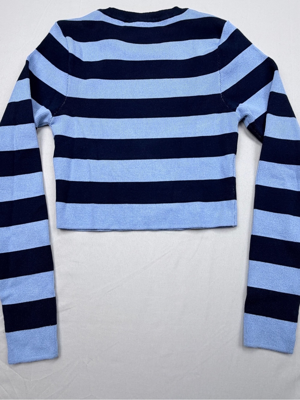 Zara Light Blue & Navy Striped Cropped Crewneck Sweater - Picture 2 of 8